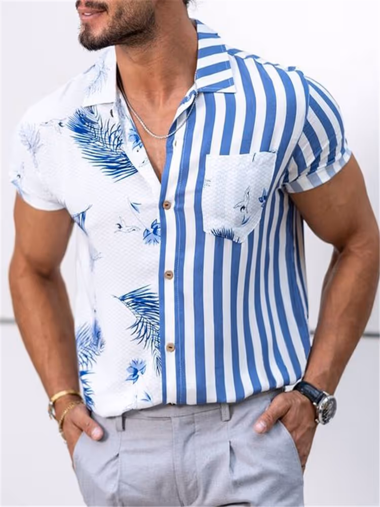 Men's Beach Stripe Patchwork Short Sleeve Shirt